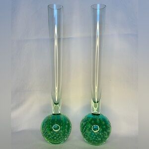 Set Of 2 Hand Blown Glass Bud Vases Green Bubble Base Bullicante 9.5 inch